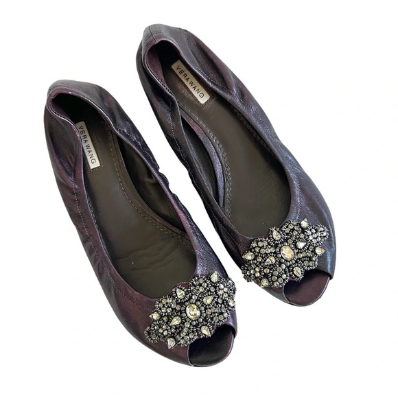 Vera Wang Genuine leather purple metallic open toe ballet flats crystals 5.5 - Picture 1 of 12